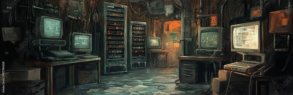 Poster retro tech server room - a glimpse into the past - a dimly lit server room filled with vintage compu