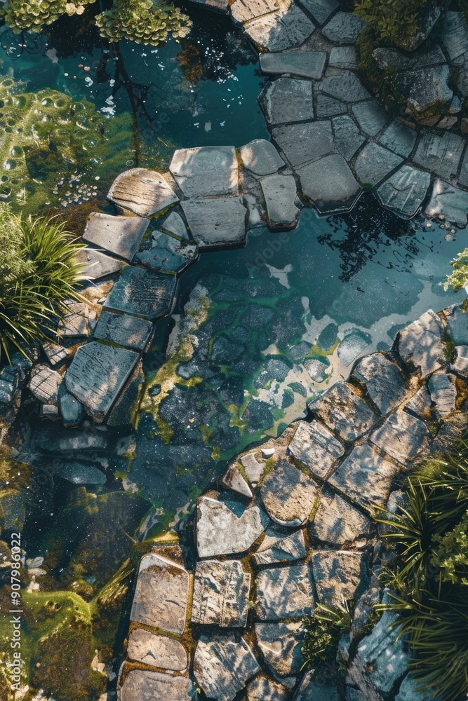 Poster a stone walkway with a small stream running through it. the walkway is surrounded by lush green plan