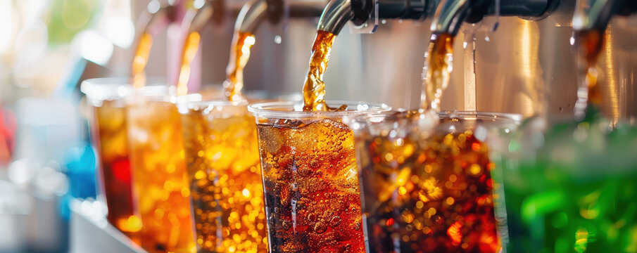 Colorful drinks being dispensed from a fountain, showcasing a variety of refreshing soda choices in clear cups.