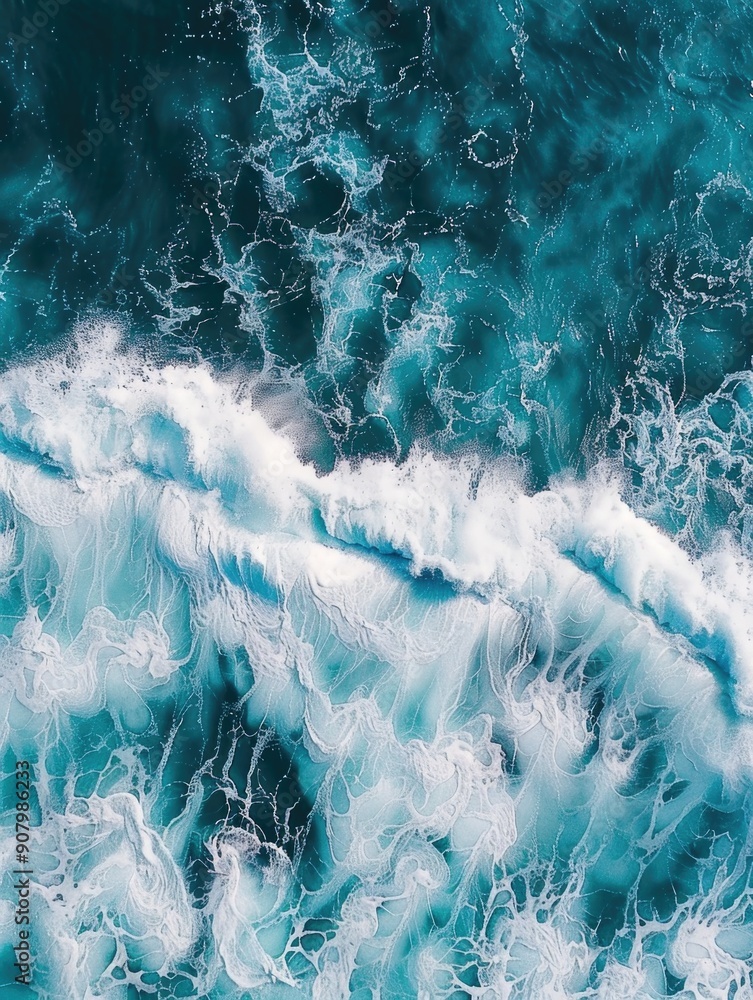 Poster the image is of a large wave in the ocean, with the water appearing to be a mix of blue and white. t