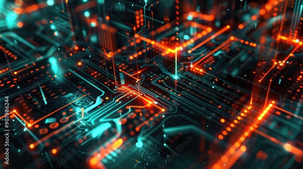Poster a futuristic abstract background with digital circuit patterns and neon accents, ideal for technolog