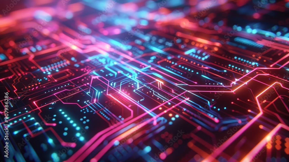 Aufkleber a futuristic abstract background with digital circuit patterns and neon accents, ideal for technolog