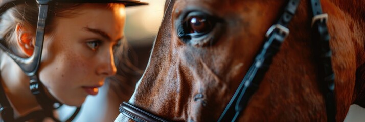 Close up of a young woman adjusting the reins on her horse s muzzle before a riding class