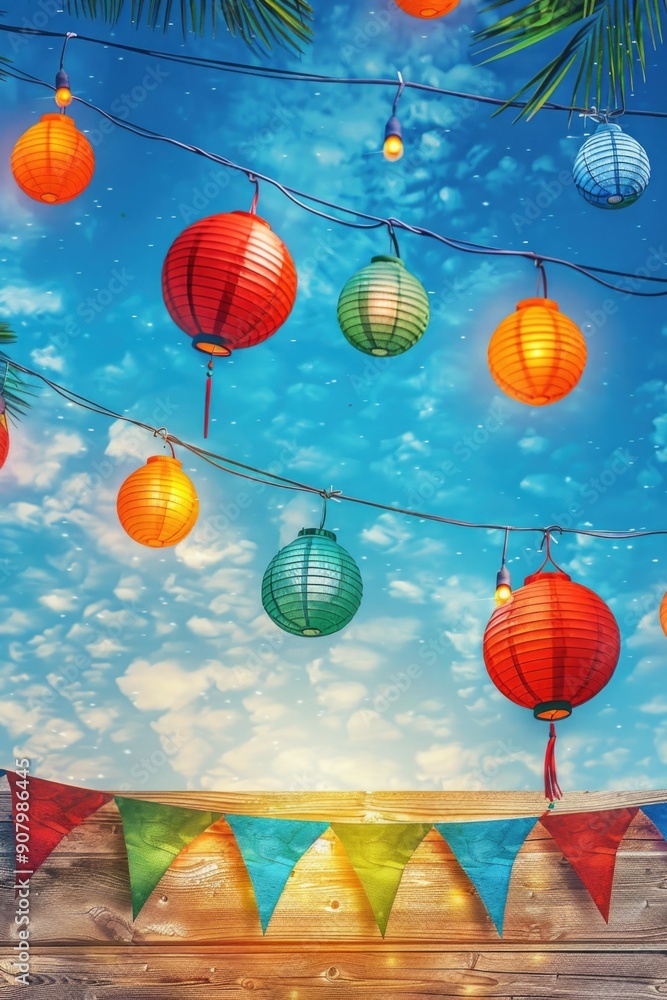 Poster a colorful display of lanterns hanging from a wooden fence. the lanterns are of various sizes and co