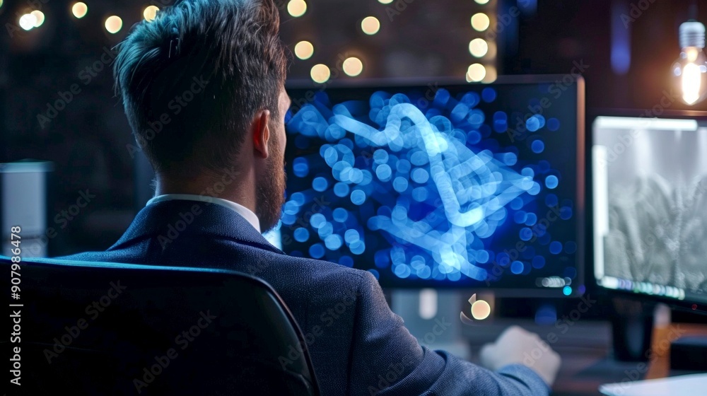 Aufkleber modern professional working on a computer in a dark office setting with bright digital graphics on t