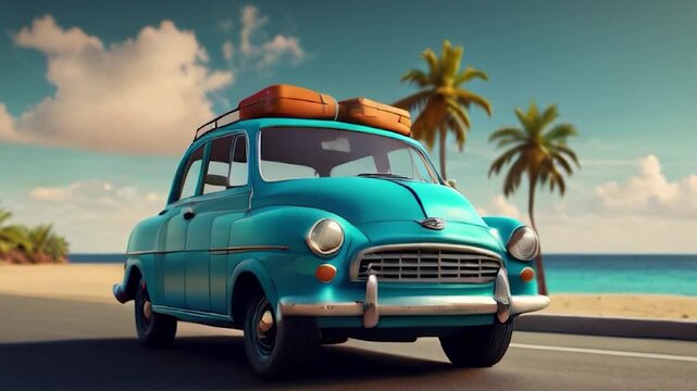 Vintage Blue Car on Beach Road with Luggage on Roof