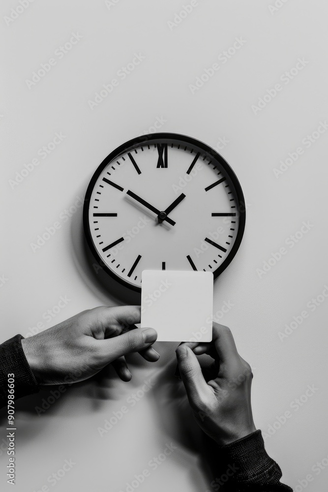Poster a person holding a white card next to a clock. the clock is set to the time of 11:00