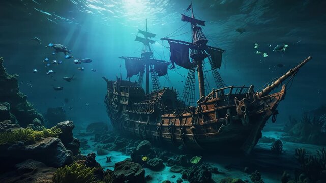 A pirate ship sunk at the bottom of the sea. Seamless looping 4k video animation