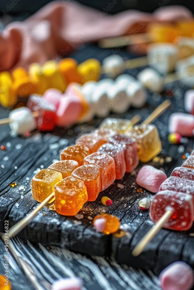 Poster a table covered with a variety of colorful candies and marshmallows. the candies are arranged in dif