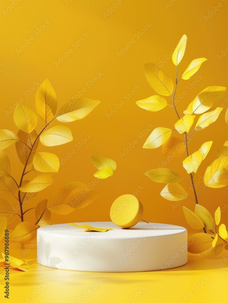 Poster a yellow and white background with a white pedestal and a yellow object on it. the scene is set in a