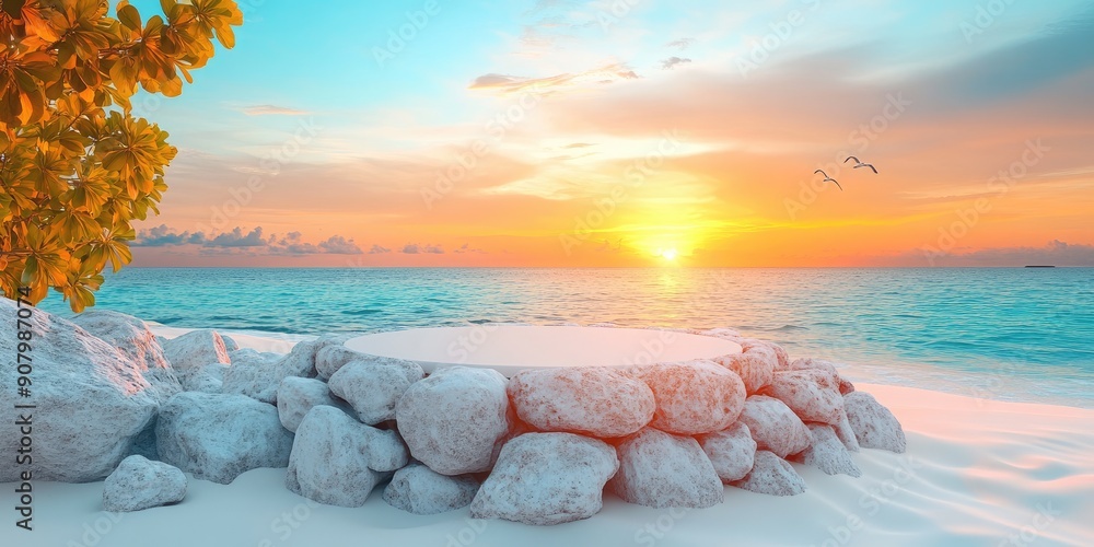 Wall mural Circular Stone Platform on Sandy Beach at Sunset