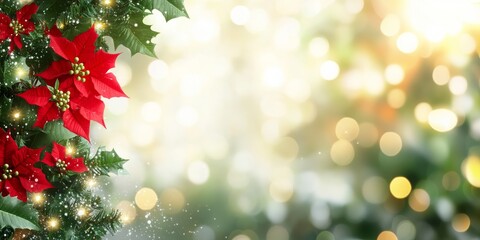 Red poinsettia flowers on a blurred light background. Holiday card, banner for Christmas, New Year, winter, with copy space