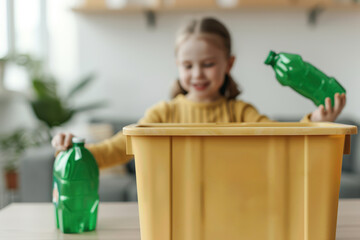 A happy child recycling plastic bottles into a bright yellow bin, promoting eco-friendly habits and sustainability.