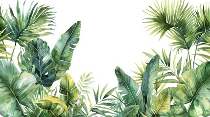 Beautiful watercolor tropical leaves border with palm and monstera leaves isolated on white background, perfect for nature-themed designs.