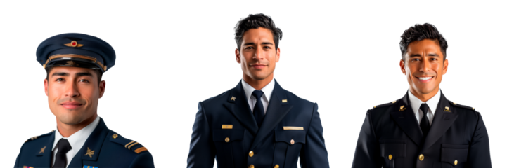 A set of portrait of a man of European appearance on a white or transparent background. Flight attendant in uniform, looking at the camera, pilot's assistant.