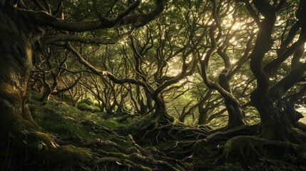 Fototapeta premium Twisted branches and gnarled roots create an enchanting forest scene, illuminated by soft, dappled light filtering through the leaves.