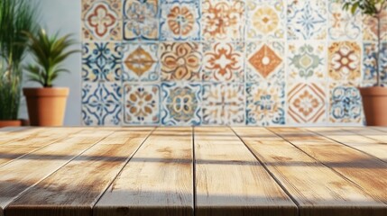 A rustic wooden tabletop with a blurred background of colorful tile patterns. This image evokes a sense of warmth,  tradition, and  craftsmanship. It's perfect for showcasing products or creating a vi