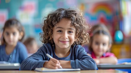 Obraz premium Smiling Arabic Student Diligently Writing in a Notebook in Classroom . Education, Academic