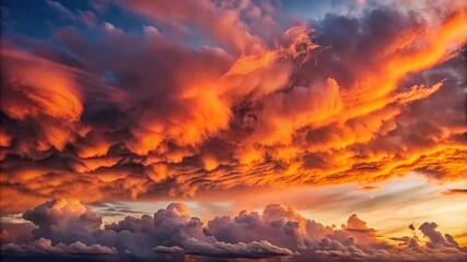 Fototapeta premium Fiery Orange Clouds Against a Blue Sky at Sunset