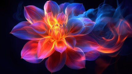 Fototapeta premium Fiery flower with vibrant colors and dynamic flames, set against a dark background.