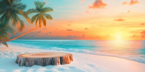 Obraz premium Wooden Log Platform on Tropical Beach at Sunset