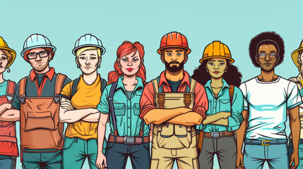 Diverse group of construction workers in a cartoon style
