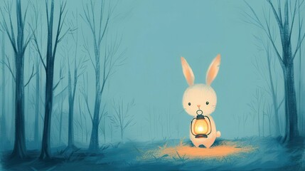 Obraz premium A whimsical illustration of a bunny holding a glowing lantern in a dark, Soft pastels, Illustration