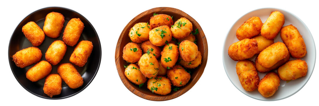 Set of croquettes isolated on white or transparent background. Spanish croquettes with meat and mushrooms in a white, black and wooden plates. Traditional Spanish dish. Top view.