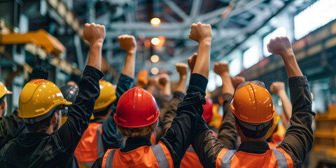 Industrial Workers Raising Fists in Solidarity During Protest"