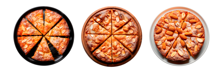 Set of galician almond cake in a plates isolated on a white or transparent background. Close-up of almond cake in a black, white and wooden plates, top view