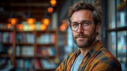 Obraz premium Portrait of a young man with glasses and shirt in a bookstore. Place for inscription.