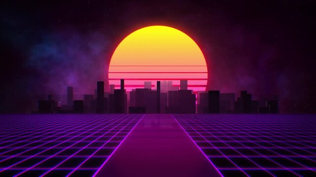 Sunset, Grid, and City 80s Retrowave Background