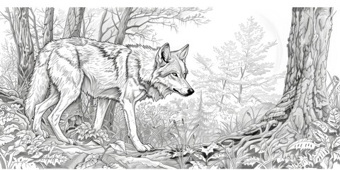 Detailed Wolf Illustration in Forest Scene