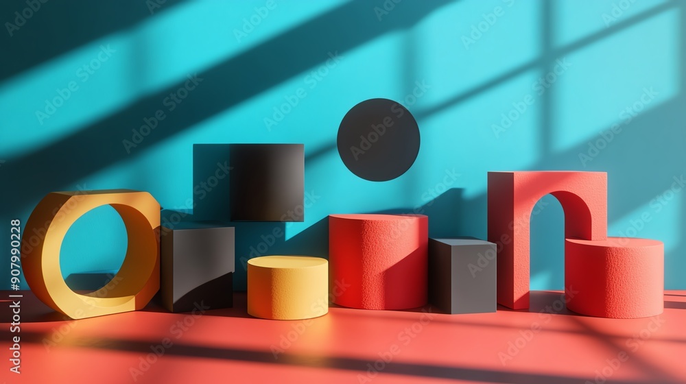 Poster modern 3d rendered abstract shapes with shadows