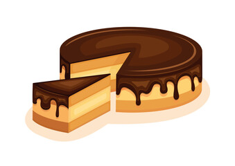 Boston Cream Pie vector illustration. Vanilla sponge cake with chocolate icing drawing. Piece of cake with chocolate glaze icon isolated on white background. Layer cake vector