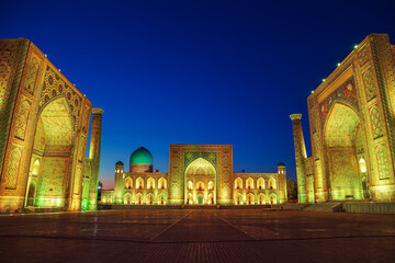 Registan Square in night illumination. Fairytale Arabian night.