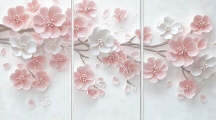 3 pieces of pink and white cherry blossom flowers in relief, white background, three panels