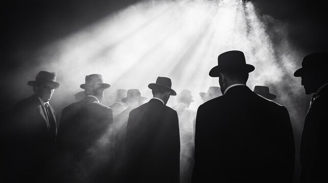 A vintage photograph of a group of mobsters in a speakeasy with a sense of mystery and intrigue bathed in soft golden light 1920s gangster era black and white