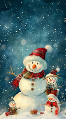 three small funny toys baby snowman in hats and scarves in deep snow outdoors on dark blue and white copy space background. Happy New Year and Merry Christmas greeting card.