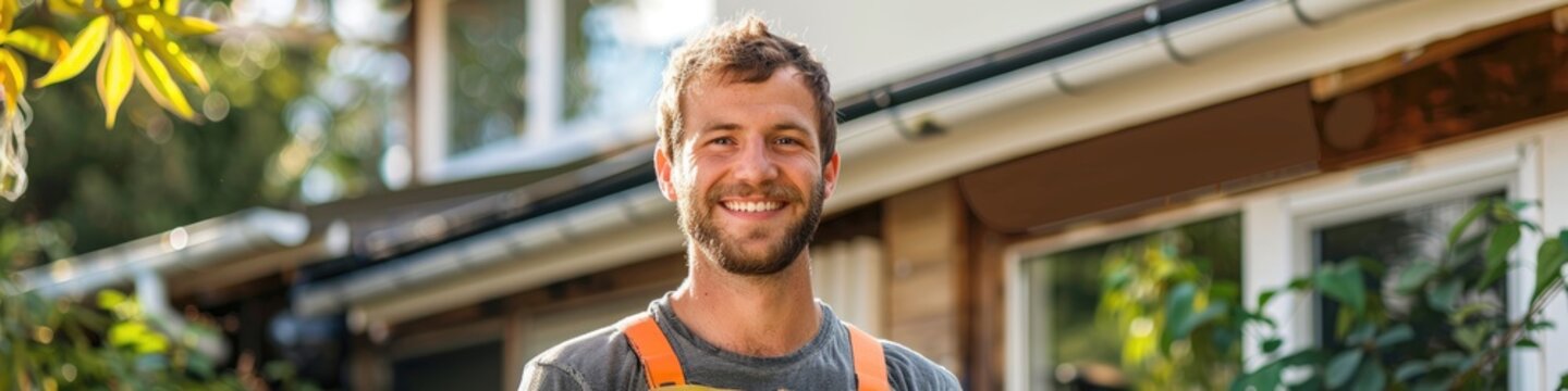 Handyman installer smiling as he stands with a solar module during the installation of a solar panel system on a house