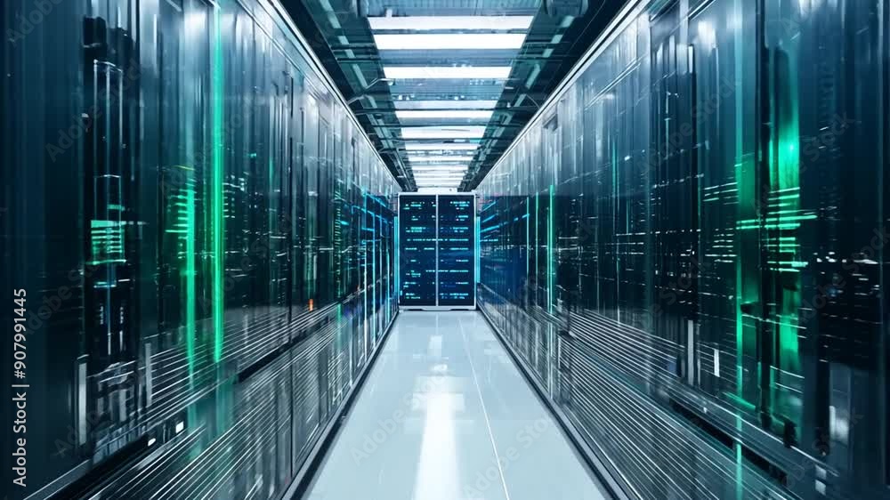 Poster modern data center corridor with servers and blue lights generative ai
