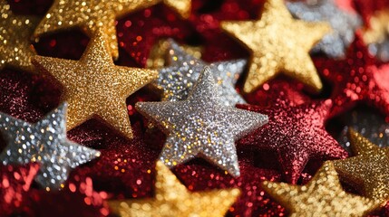 A close-up shot of a collection of gold, silver, and red star ornaments. These stars symbolize celebration, joy, and festive spirit. They also represent hope, dreams, and good luck. The image captures