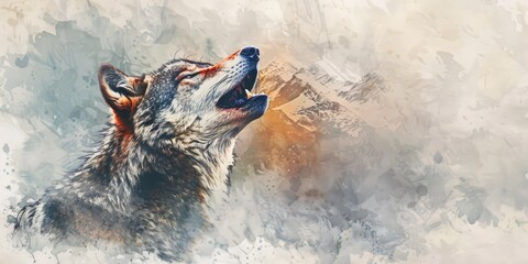 Watercolor Wolf Howling in Mountains