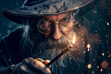 old wizard in glasses and hat holding magic wand