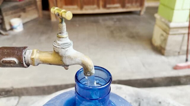 video 4k llenado de botella de agua, guardando agua para la la sequ&iacute;a