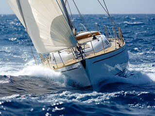Fototapeta premium Stunning Sailboat Cutting Through Vibrant Blue Ocean Waters Under Clear Sky - Elegant Craftsmanship, Sleek Hull, Extensive Rigging, Billowing Sails in Gentle Breeze Capturing Motion and Adventure