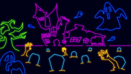 Halloween Neon Effect with Haunted House, Ghost, Zombie Hand and Tombstone