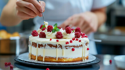 A baker decorating a cake. baker decorating cake pastry icing kitchen professional food dessert sweet.