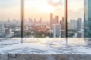 Obraz premium Empty white marble stone tabletop and blurred bokeh office interior with city view space banner background