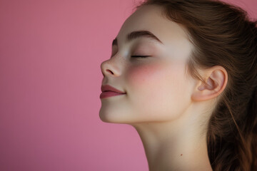 A close up of a girl's face with her eyes closed